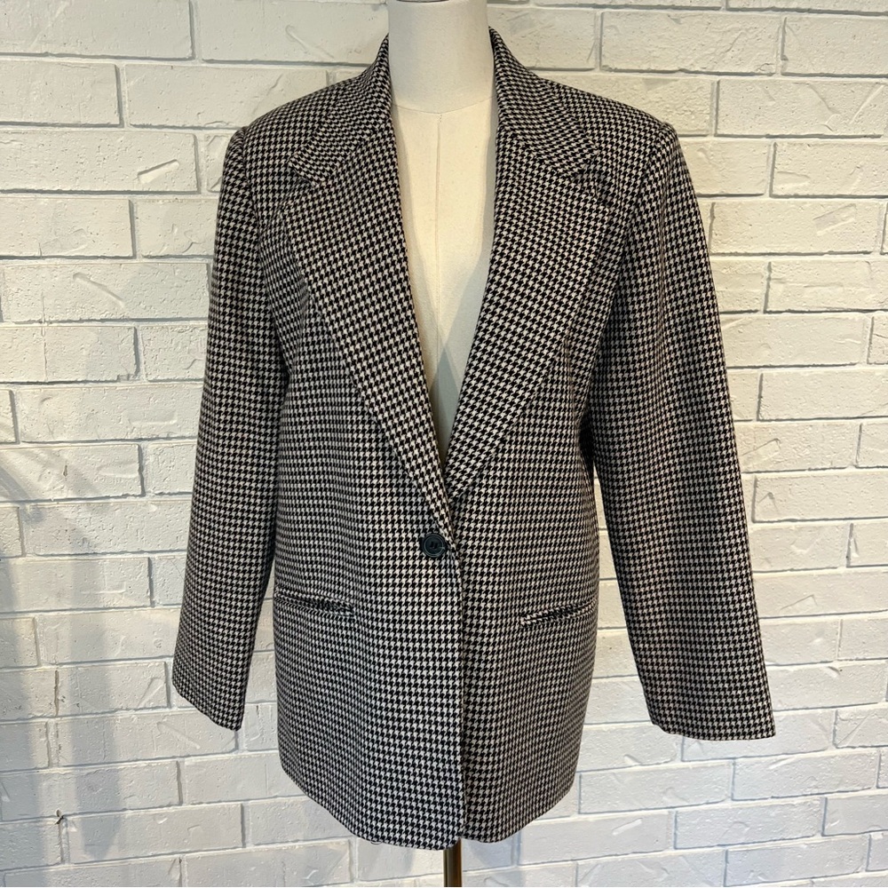 Vintage 90s Nipon Studio 100% Wool Black and White Houndstooth Blazer Womens 12